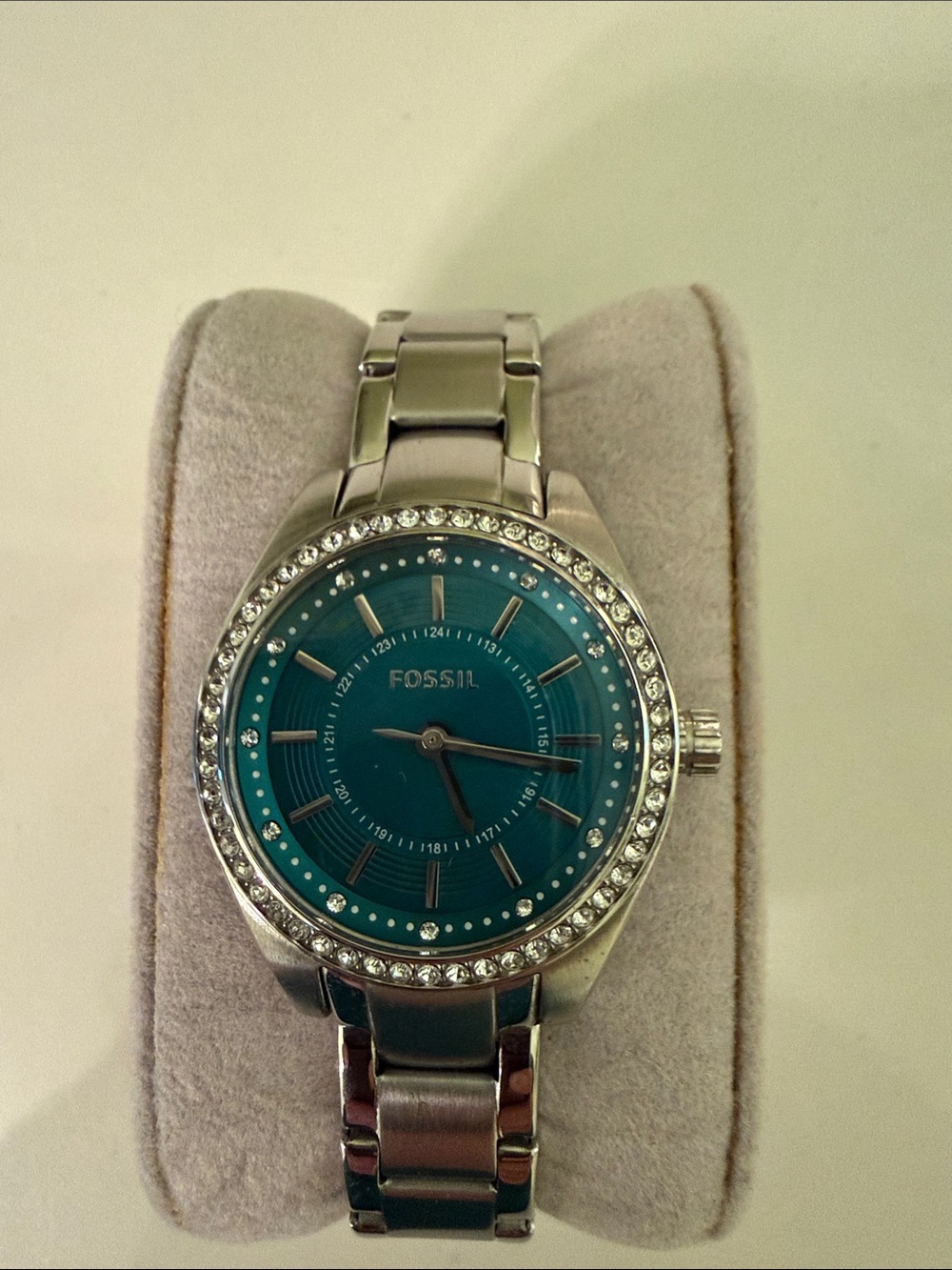 Fossil Silver Bracelet Watch with Teal Face and Crystal Bezel